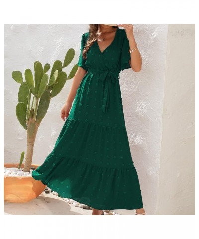 Summer Dresses for Women 2023 Casual Polka Dots Boho Dress Short Sleeve V Neck Smocked High Waist Tiered Maxi Dress 01-green ...