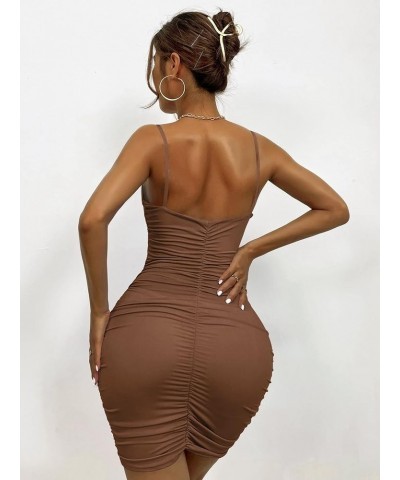 Women's Twist Front Ruched Sleeveless Bodycon Mini Dress Cocoa Brown $21.19 Dresses