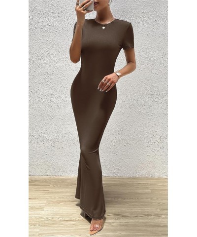 Women's Summer Bodycon Maxi Dress Casual Short Sleeve Tight Long Dresses Crew Neck Lounge Ribbed Tshirt Dress Brown $13.64 Li...