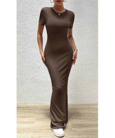 Women's Summer Bodycon Maxi Dress Casual Short Sleeve Tight Long Dresses Crew Neck Lounge Ribbed Tshirt Dress Brown $13.64 Li...