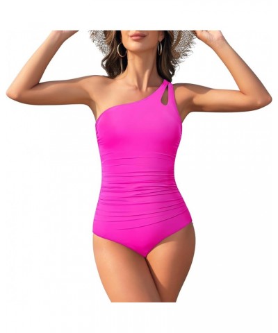 One Piece Swimsuit Women 2024 One Shoulder Swimsuits for Women Bathing Suit Tummy Control Modest Swimwear Rose Pink $12.98 Sw...