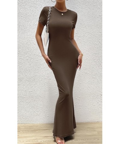 Women's Summer Bodycon Maxi Dress Casual Short Sleeve Tight Long Dresses Crew Neck Lounge Ribbed Tshirt Dress Brown $13.64 Li...