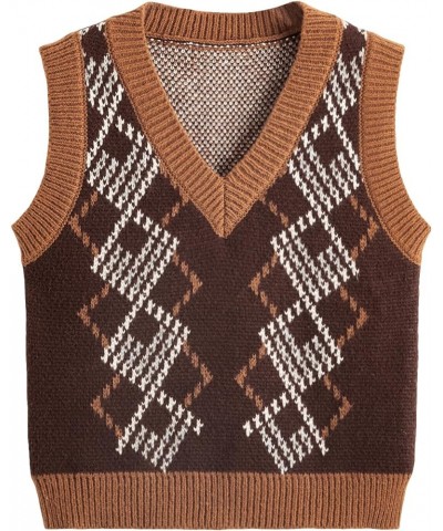 Women's Plaid Geo Sleeveless V Neck Knit Crop Top Sweater Vest Dark Chocolate Brown $16.45 Sweaters