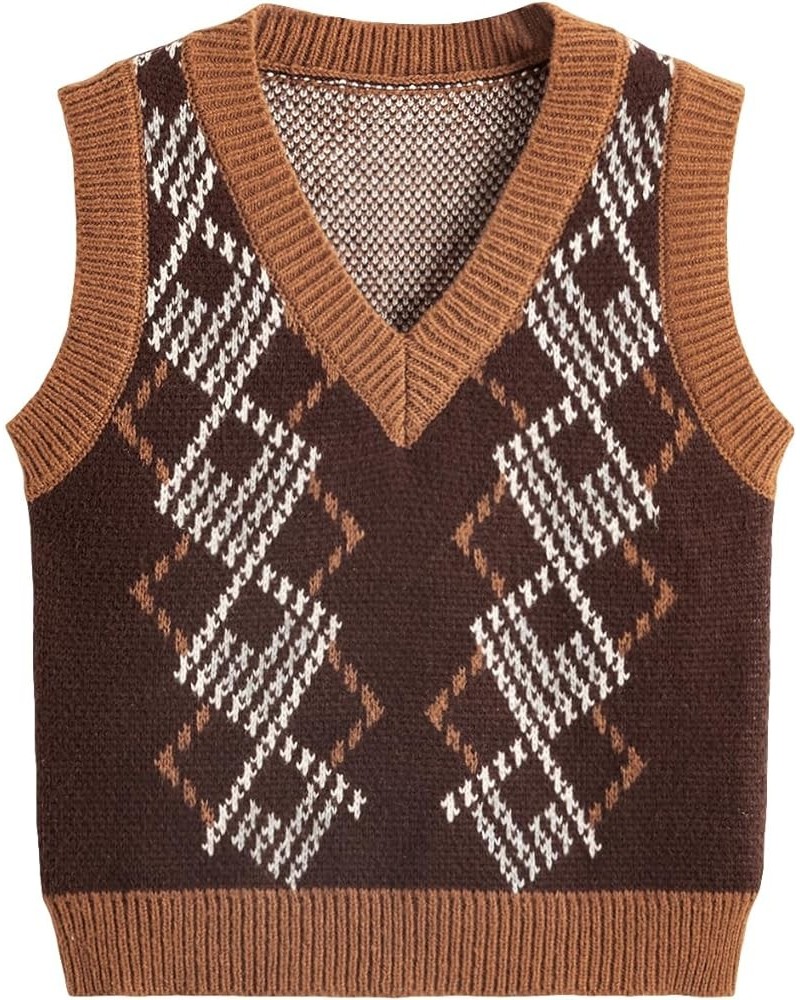 Women's Plaid Geo Sleeveless V Neck Knit Crop Top Sweater Vest Dark Chocolate Brown $16.45 Sweaters