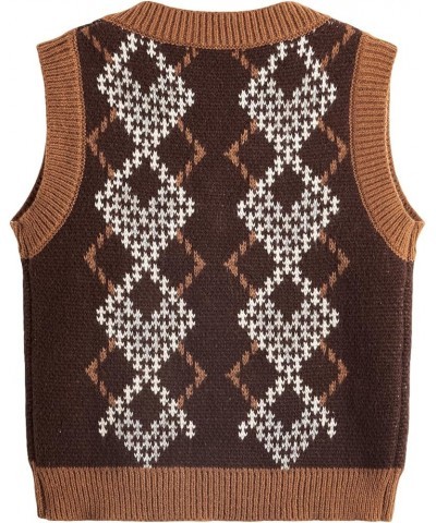 Women's Plaid Geo Sleeveless V Neck Knit Crop Top Sweater Vest Dark Chocolate Brown $16.45 Sweaters