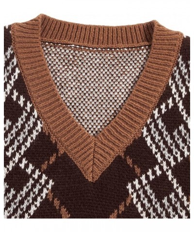 Women's Plaid Geo Sleeveless V Neck Knit Crop Top Sweater Vest Dark Chocolate Brown $16.45 Sweaters