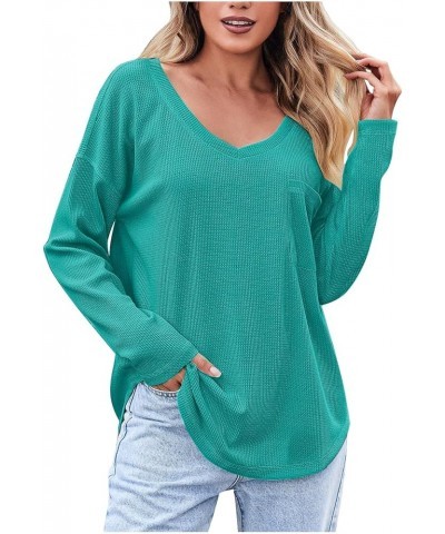 Women's Long Sleeve Tops Fashion Casual Solid Color V-Neck Small Pocket T Shirt Top, S-3XL 1-cyan $9.34 T-Shirts