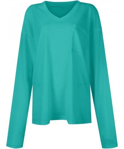 Women's Long Sleeve Tops Fashion Casual Solid Color V-Neck Small Pocket T Shirt Top, S-3XL 1-cyan $9.34 T-Shirts