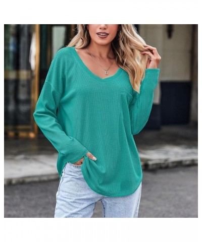 Women's Long Sleeve Tops Fashion Casual Solid Color V-Neck Small Pocket T Shirt Top, S-3XL 1-cyan $9.34 T-Shirts