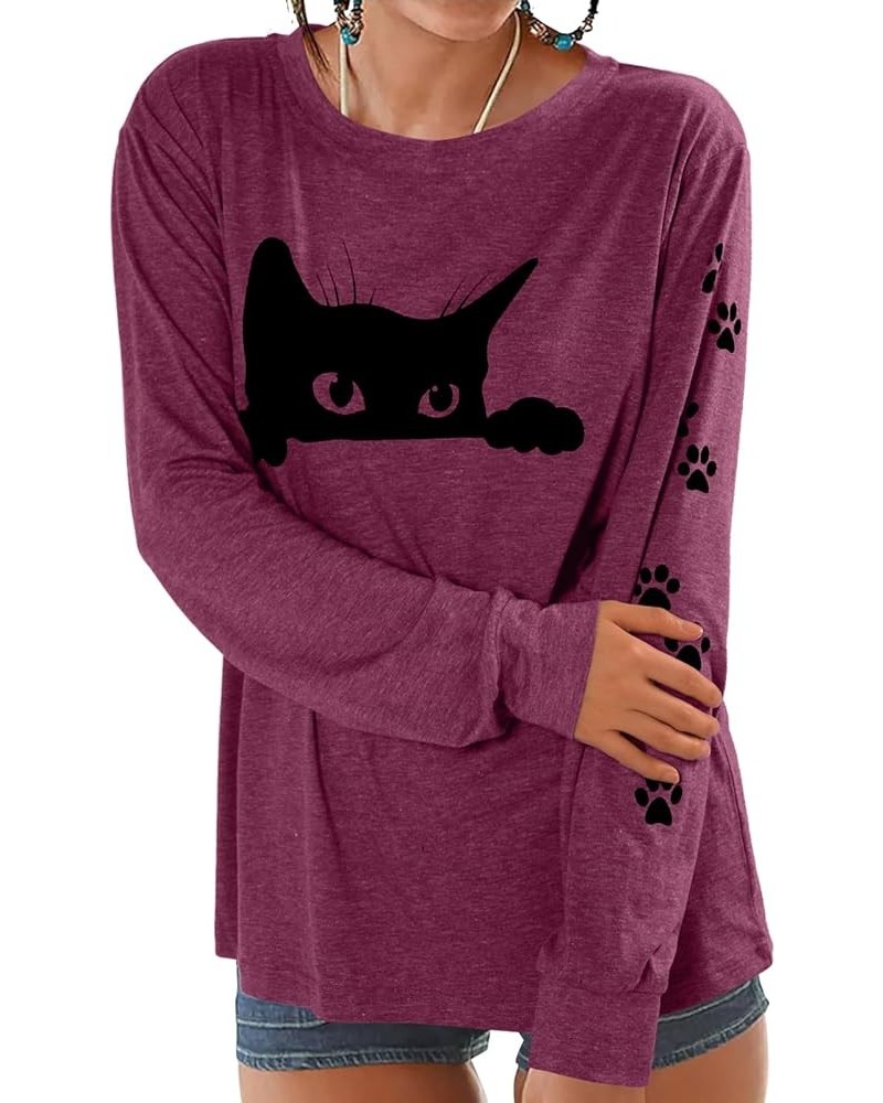 Women's Cute Cat Animal Graphic Shirts Funny Cat Long Sleeve Casual T-Shirts Black Cat Tops Tees Fuchsia $13.80 Tops