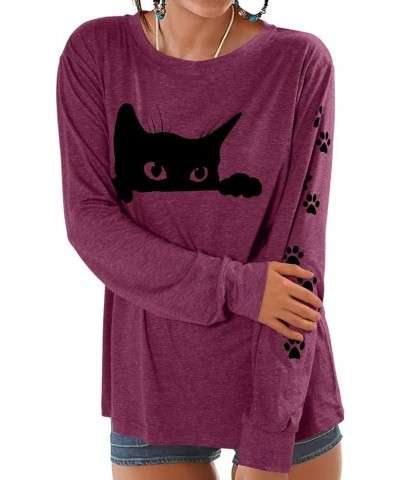 Women's Cute Cat Animal Graphic Shirts Funny Cat Long Sleeve Casual T-Shirts Black Cat Tops Tees Fuchsia $13.80 Tops