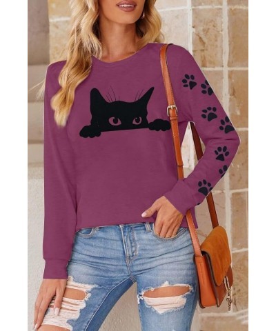 Women's Cute Cat Animal Graphic Shirts Funny Cat Long Sleeve Casual T-Shirts Black Cat Tops Tees Fuchsia $13.80 Tops