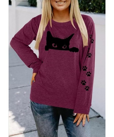 Women's Cute Cat Animal Graphic Shirts Funny Cat Long Sleeve Casual T-Shirts Black Cat Tops Tees Fuchsia $13.80 Tops