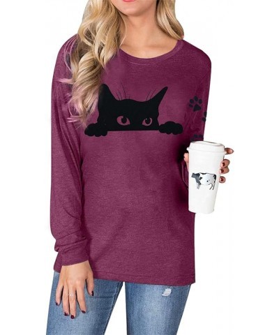 Women's Cute Cat Animal Graphic Shirts Funny Cat Long Sleeve Casual T-Shirts Black Cat Tops Tees Fuchsia $13.80 Tops