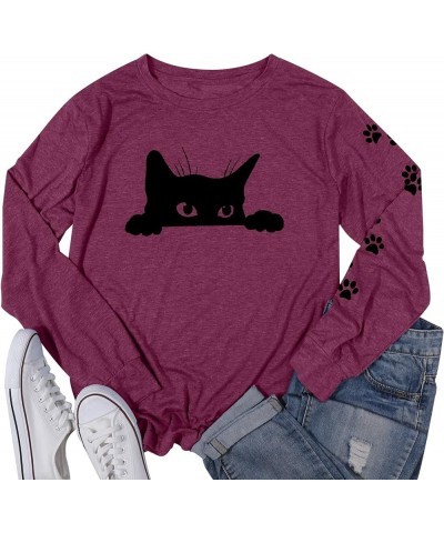 Women's Cute Cat Animal Graphic Shirts Funny Cat Long Sleeve Casual T-Shirts Black Cat Tops Tees Fuchsia $13.80 Tops