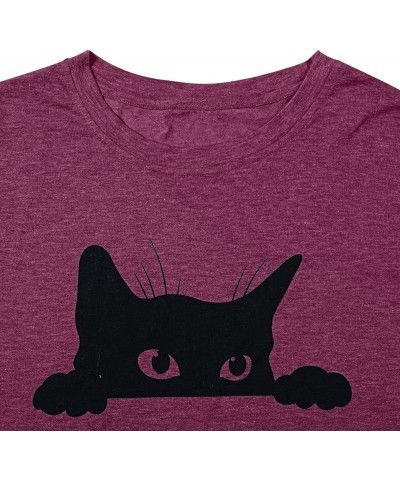 Women's Cute Cat Animal Graphic Shirts Funny Cat Long Sleeve Casual T-Shirts Black Cat Tops Tees Fuchsia $13.80 Tops