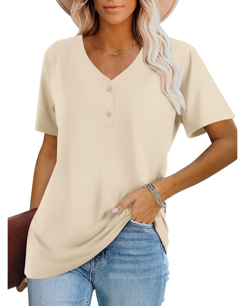 Women's Short Sleeve V Neck Tops Casual Button Down Summer T Shirt Loose Blouses C-khaki $13.49 Blouses