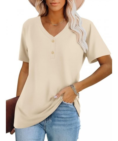 Women's Short Sleeve V Neck Tops Casual Button Down Summer T Shirt Loose Blouses C-khaki $13.49 Blouses