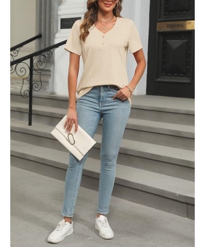 Women's Short Sleeve V Neck Tops Casual Button Down Summer T Shirt Loose Blouses C-khaki $13.49 Blouses