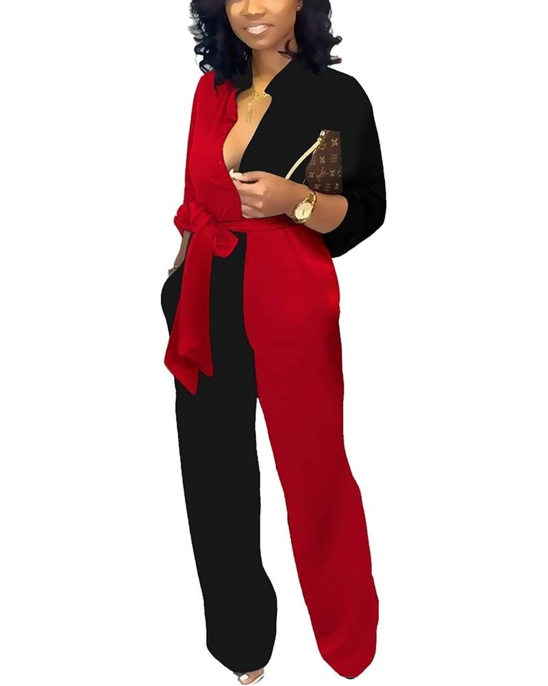 Women's Sexy V Neck Jumpsuits Elegant Long Sleeve Button Down Straight Long Pants Business Romper With Pockets Belt Black Red...