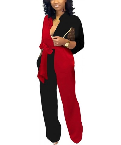 Women's Sexy V Neck Jumpsuits Elegant Long Sleeve Button Down Straight Long Pants Business Romper With Pockets Belt Black Red...