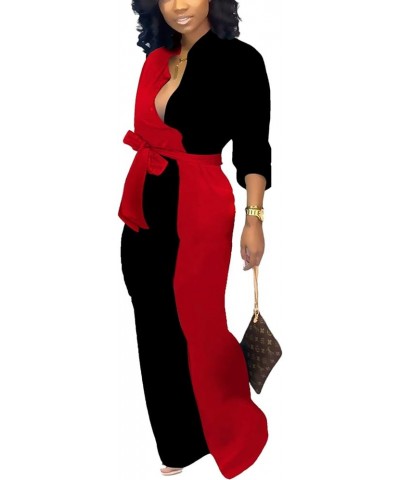 Women's Sexy V Neck Jumpsuits Elegant Long Sleeve Button Down Straight Long Pants Business Romper With Pockets Belt Black Red...