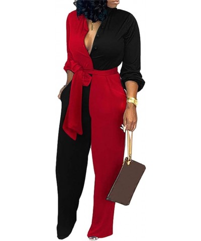 Women's Sexy V Neck Jumpsuits Elegant Long Sleeve Button Down Straight Long Pants Business Romper With Pockets Belt Black Red...