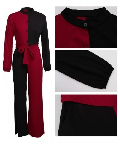 Women's Sexy V Neck Jumpsuits Elegant Long Sleeve Button Down Straight Long Pants Business Romper With Pockets Belt Black Red...