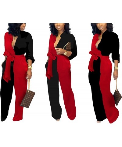 Women's Sexy V Neck Jumpsuits Elegant Long Sleeve Button Down Straight Long Pants Business Romper With Pockets Belt Black Red...