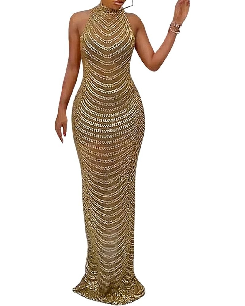 Women's Sexy Elegant Rhinestone Party Club Outfit Mesh See Through Bodycon Maxi Dress Gold $30.77 Dresses