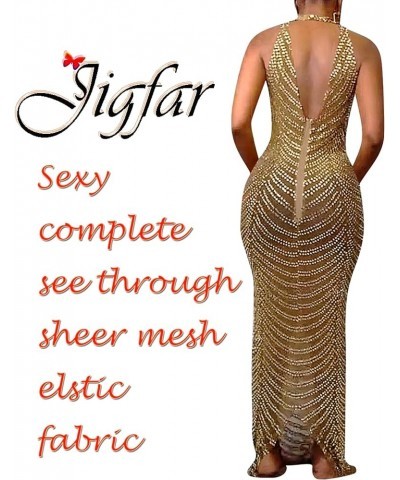 Women's Sexy Elegant Rhinestone Party Club Outfit Mesh See Through Bodycon Maxi Dress Gold $30.77 Dresses