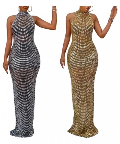 Women's Sexy Elegant Rhinestone Party Club Outfit Mesh See Through Bodycon Maxi Dress Gold $30.77 Dresses