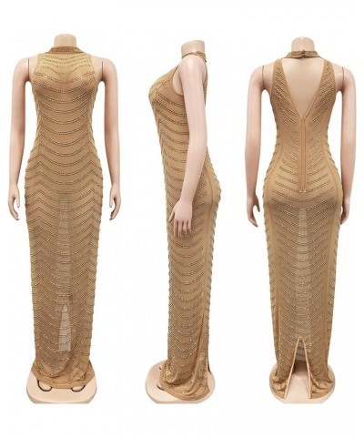 Women's Sexy Elegant Rhinestone Party Club Outfit Mesh See Through Bodycon Maxi Dress Gold $30.77 Dresses