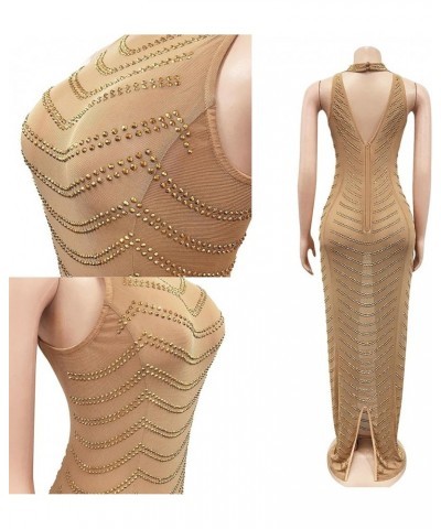 Women's Sexy Elegant Rhinestone Party Club Outfit Mesh See Through Bodycon Maxi Dress Gold $30.77 Dresses