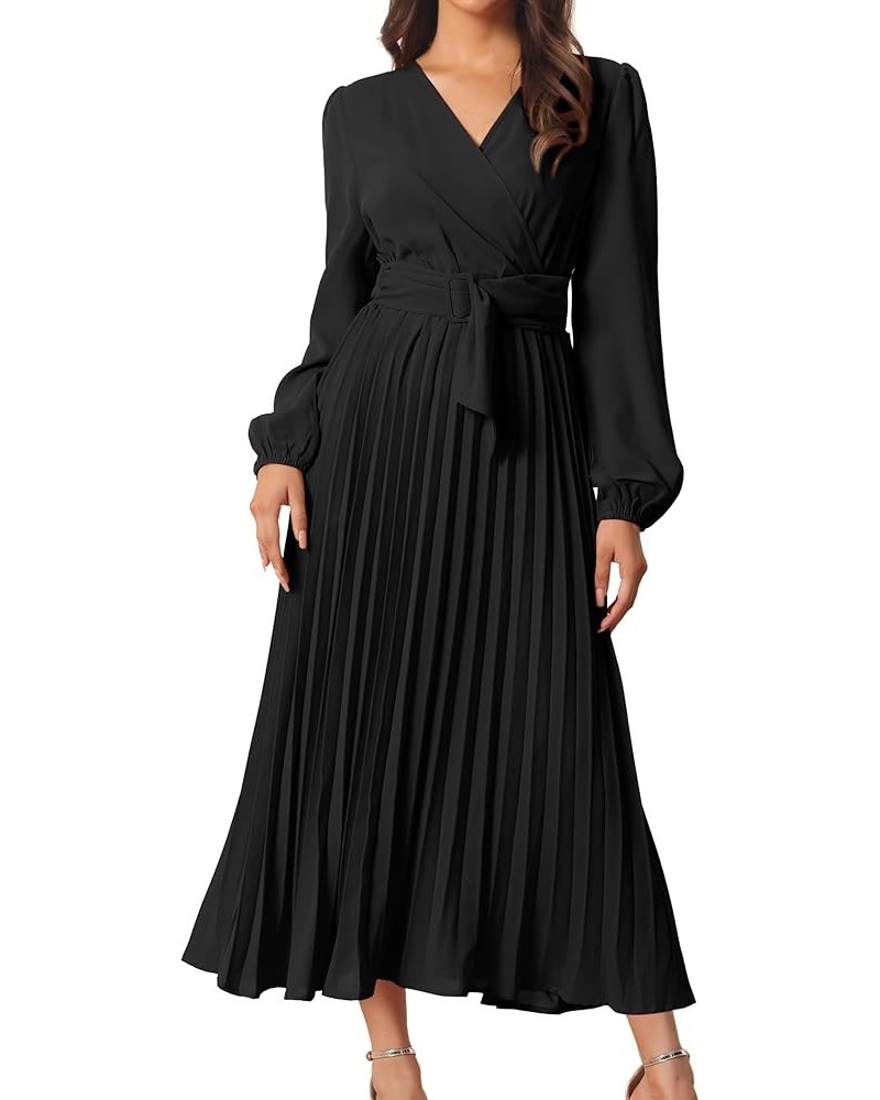 Women's 2024 Casual Long Sleeve Wrap V Neck Flowy Pleated Midi Dress with Belt Black $23.84 Dresses