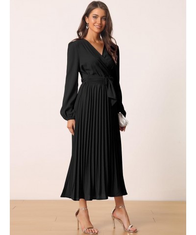 Women's 2024 Casual Long Sleeve Wrap V Neck Flowy Pleated Midi Dress with Belt Black $23.84 Dresses