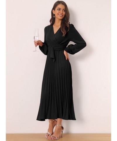 Women's 2024 Casual Long Sleeve Wrap V Neck Flowy Pleated Midi Dress with Belt Black $23.84 Dresses