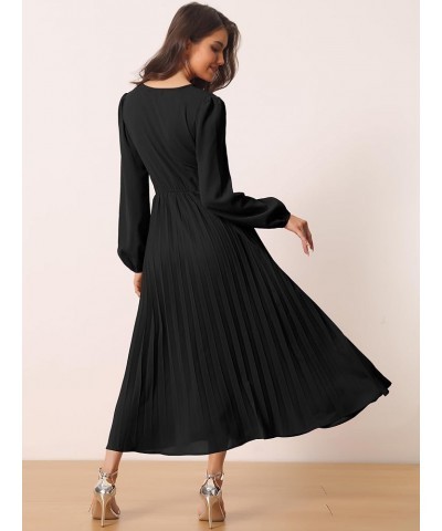 Women's 2024 Casual Long Sleeve Wrap V Neck Flowy Pleated Midi Dress with Belt Black $23.84 Dresses