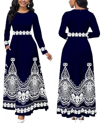 Maxi Dresses for Women with Pockets Long Dress Casual Round Neck Floral Print Loose Prom Dresses Dark Blue11506 $16.45 Dresses