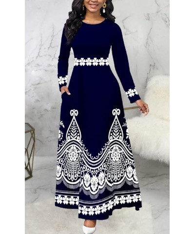 Maxi Dresses for Women with Pockets Long Dress Casual Round Neck Floral Print Loose Prom Dresses Dark Blue11506 $16.45 Dresses