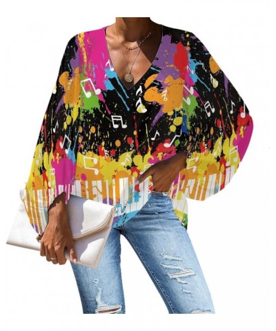 Women's V Neck Animal Floral Printed Casual Shirts 3/4 Balloon Sleeve Soft Loose Tunic Tops and Blouses Graffiti Music Notes ...