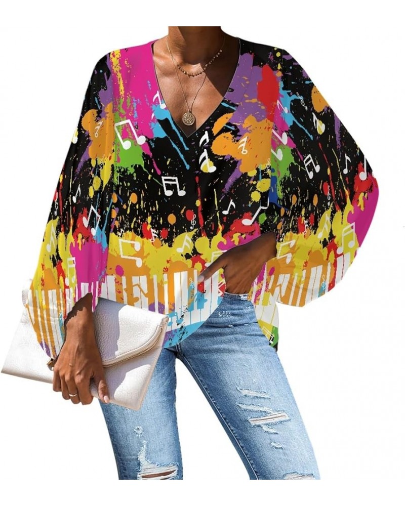 Women's V Neck Animal Floral Printed Casual Shirts 3/4 Balloon Sleeve Soft Loose Tunic Tops and Blouses Graffiti Music Notes ...