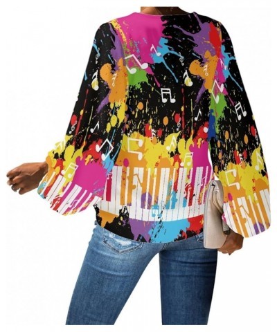 Women's V Neck Animal Floral Printed Casual Shirts 3/4 Balloon Sleeve Soft Loose Tunic Tops and Blouses Graffiti Music Notes ...