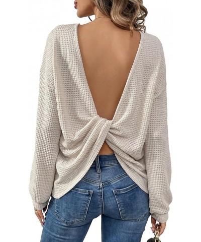 Women's Ribbed Backless Long Sleeve Top Criss Cross Back Tee Shirts Sweater Apricot $19.79 Sweaters