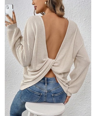 Women's Ribbed Backless Long Sleeve Top Criss Cross Back Tee Shirts Sweater Apricot $19.79 Sweaters