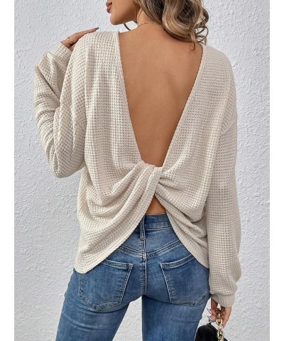 Women's Ribbed Backless Long Sleeve Top Criss Cross Back Tee Shirts Sweater Apricot $19.79 Sweaters