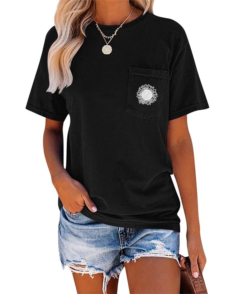 Women's Crew Neck Short Sleeve Summer Sunflower Graphic Printed Tee Vintage T-Shirt with Pockets Loose Fitting Tops Black $13...