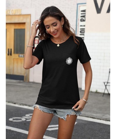 Women's Crew Neck Short Sleeve Summer Sunflower Graphic Printed Tee Vintage T-Shirt with Pockets Loose Fitting Tops Black $13...