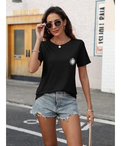 Women's Crew Neck Short Sleeve Summer Sunflower Graphic Printed Tee Vintage T-Shirt with Pockets Loose Fitting Tops Black $13...