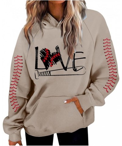 Trendy Hoodies Casual Baseball Game Day Football Pullover Sweatshirts Love Heart Print Loose Fit Athletic Cool Basic Khaki $1...